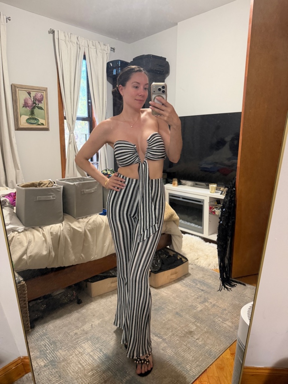 Striped Black & White Tie-Front Jumpsuit